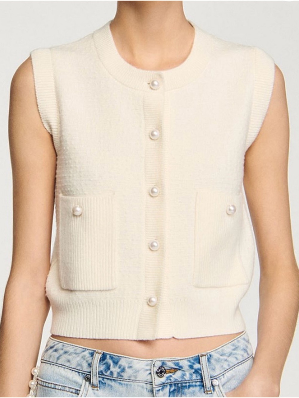 Sandro Cream Cropped Sleeveless Cardigan with Pearl Buttons - Picture 2 of 5